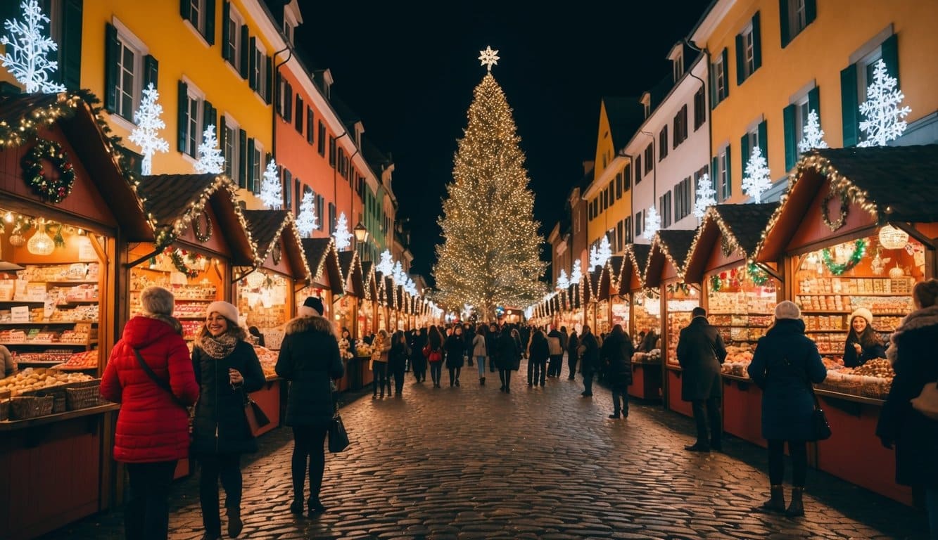 Christmas Markets Texas 2025: Top 50 Festive Destinations 3 Colorful stalls line the cobblestone streets, adorned with twinkling lights and festive decorations. The air is filled with the aroma of mulled wine, gingerbread, and roasted chestnuts. A towering Christmas tree stands in the center, surrounded by joyful visitors