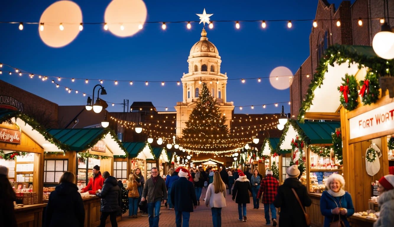 Christmas Markets Texas 2025: Top 50 Festive Destinations 2 A bustling Christmas market in Fort Worth, Texas, with festive stalls, twinkling lights, and joyful holiday shoppers