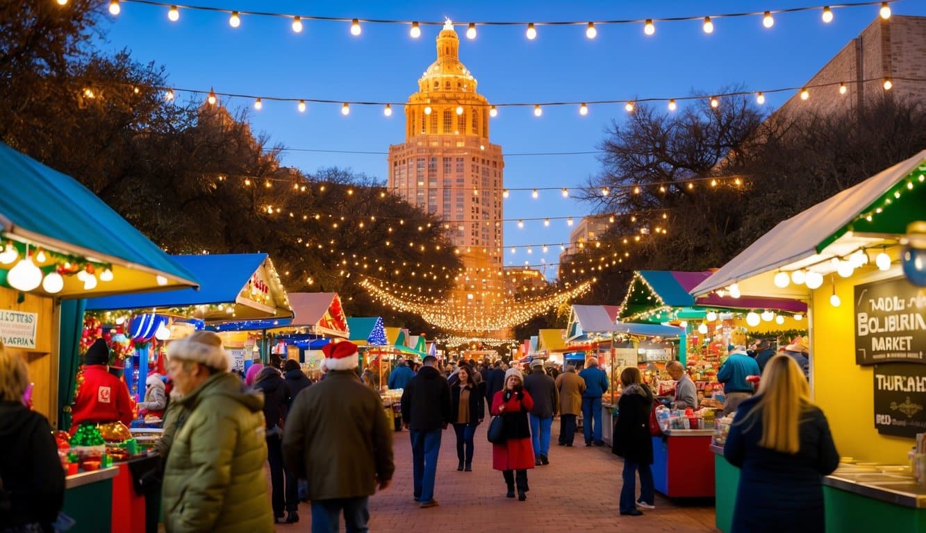 Christmas Markets Texas 2025: Top 50 Festive Destinations 3 A bustling holiday market in Austin, Texas, with colorful stalls, twinkling lights, and festive decorations creating a joyful atmosphere
