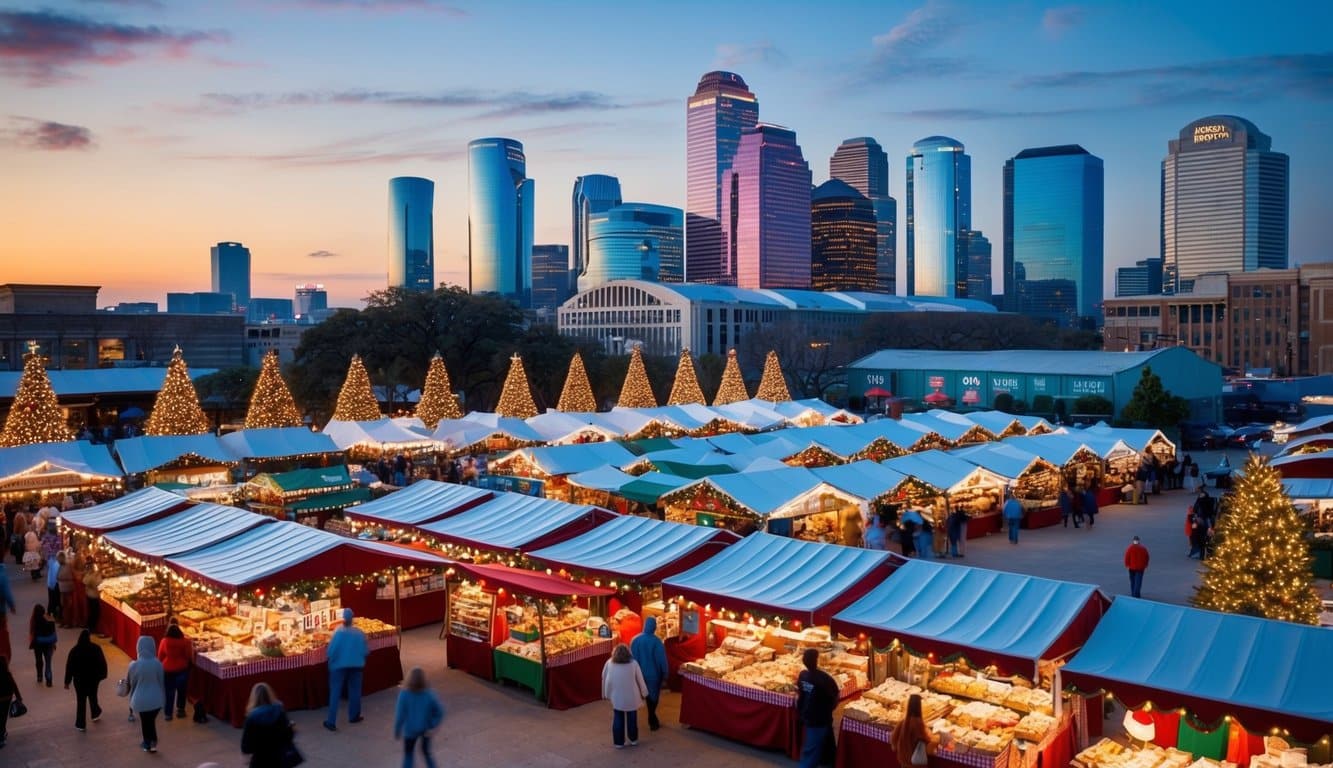 Christmas Markets Texas 2025: Top 50 Festive Destinations 5 A bustling outdoor market with festive stalls, twinkling lights, and holiday decorations, surrounded by the iconic Houston skyline