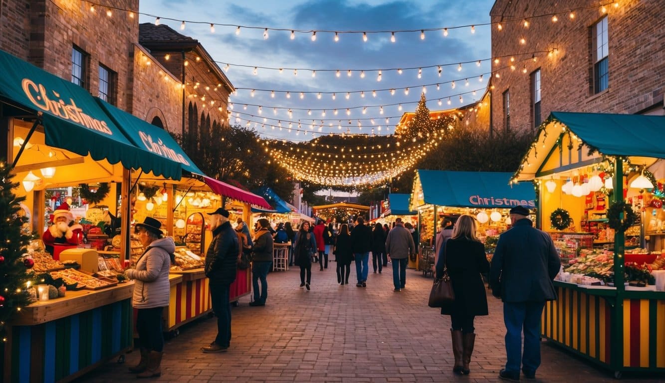 Christmas Markets Texas 2025: Top 50 Festive Destinations 7 A bustling Christmas bazaar in New Braunfels, Texas, with colorful market stalls, twinkling lights, and festive decorations, creating a joyful holiday atmosphere
