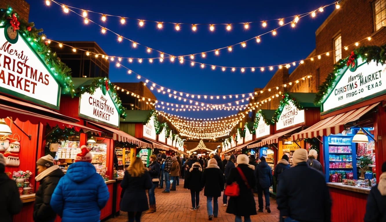 Christmas Markets Texas 2025: Top 50 Festive Destinations 11 A bustling Christmas market in Frisco, Texas, with colorful stalls, twinkling lights, and a festive atmosphere
