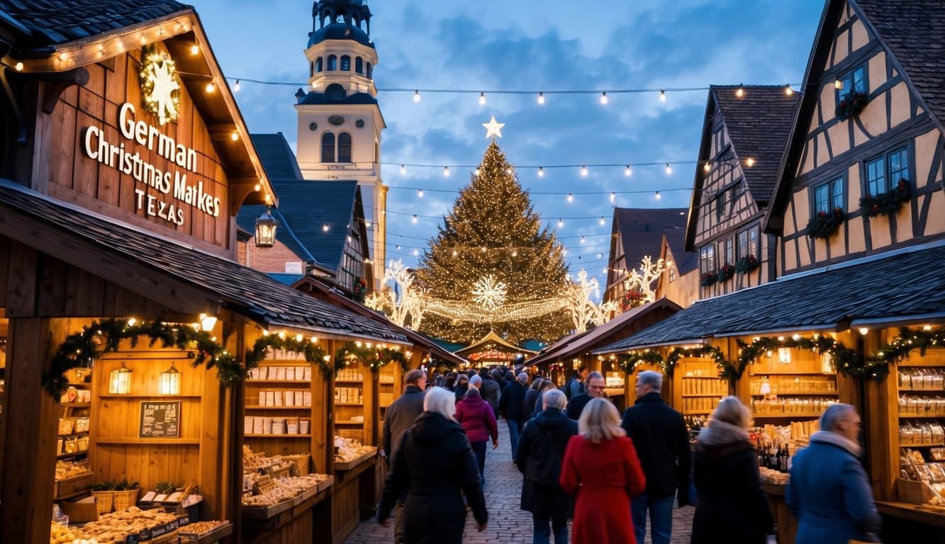 Christmas Markets Texas 2025: Top 50 Festive Destinations 2 A bustling German Christmas market in Fredericksburg, Texas, with traditional wooden stalls, twinkling lights, and festive decorations