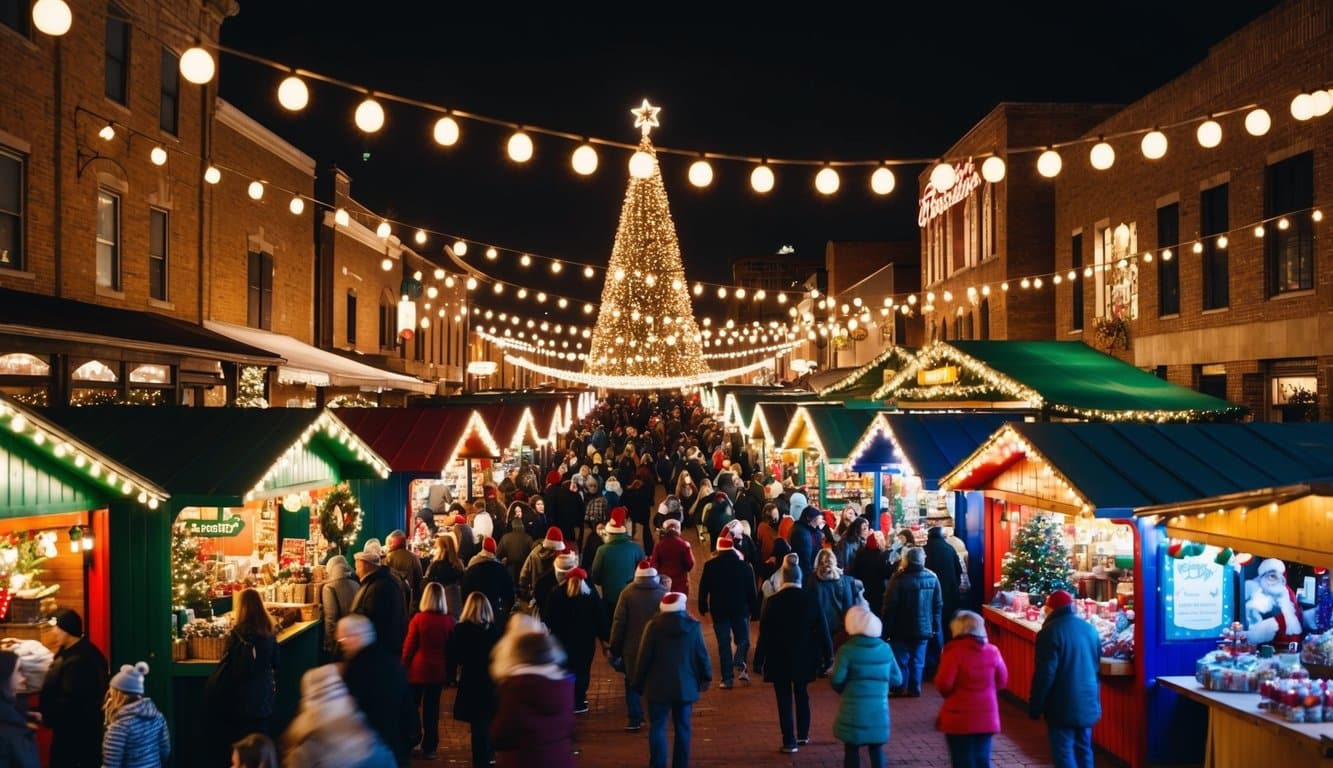 Christmas Markets Texas 2025: Top 50 Festive Destinations 4 A festive Christmas market in Round Rock, Texas, with colorful stalls, twinkling lights, and a bustling crowd