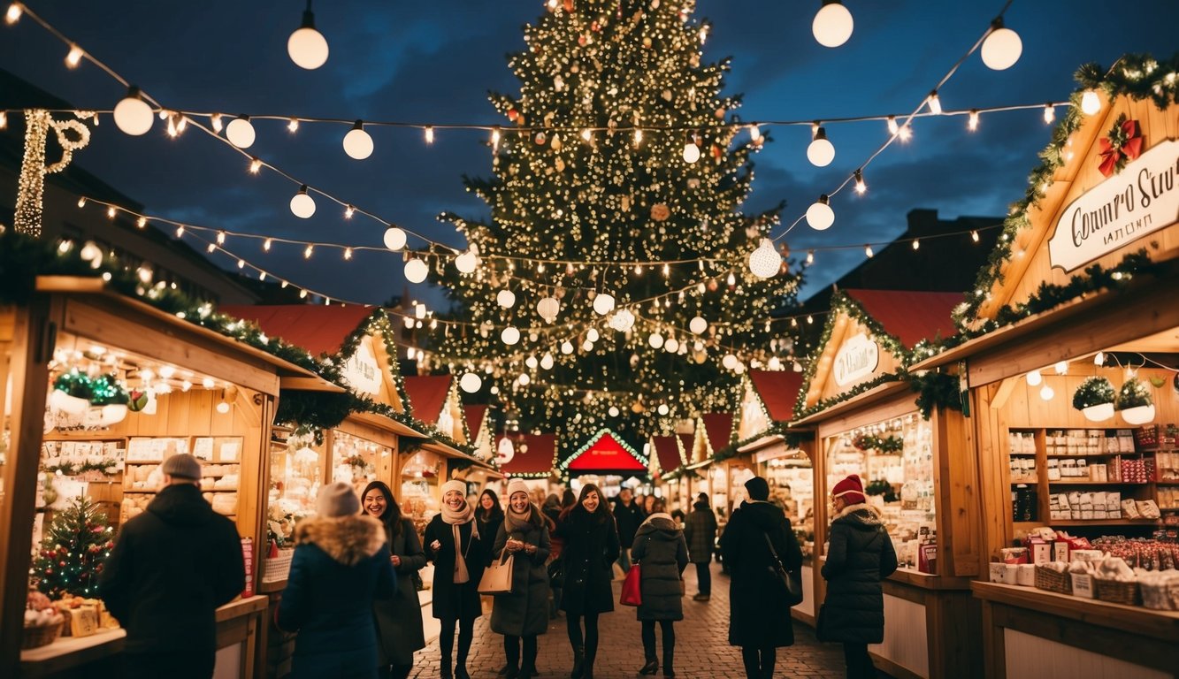 Christmas Markets Texas 2025: Top 50 Festive Destinations 5 A festive holiday market with twinkling lights, decorated stalls, and a towering Christmas tree surrounded by joyful shoppers