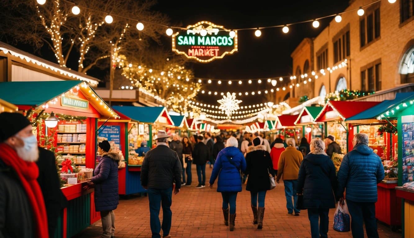 Christmas Markets Texas 2025: Top 50 Festive Destinations 6 A bustling Christmas market in San Marcos, Texas, with colorful stalls, twinkling lights, and festive decorations in 2025