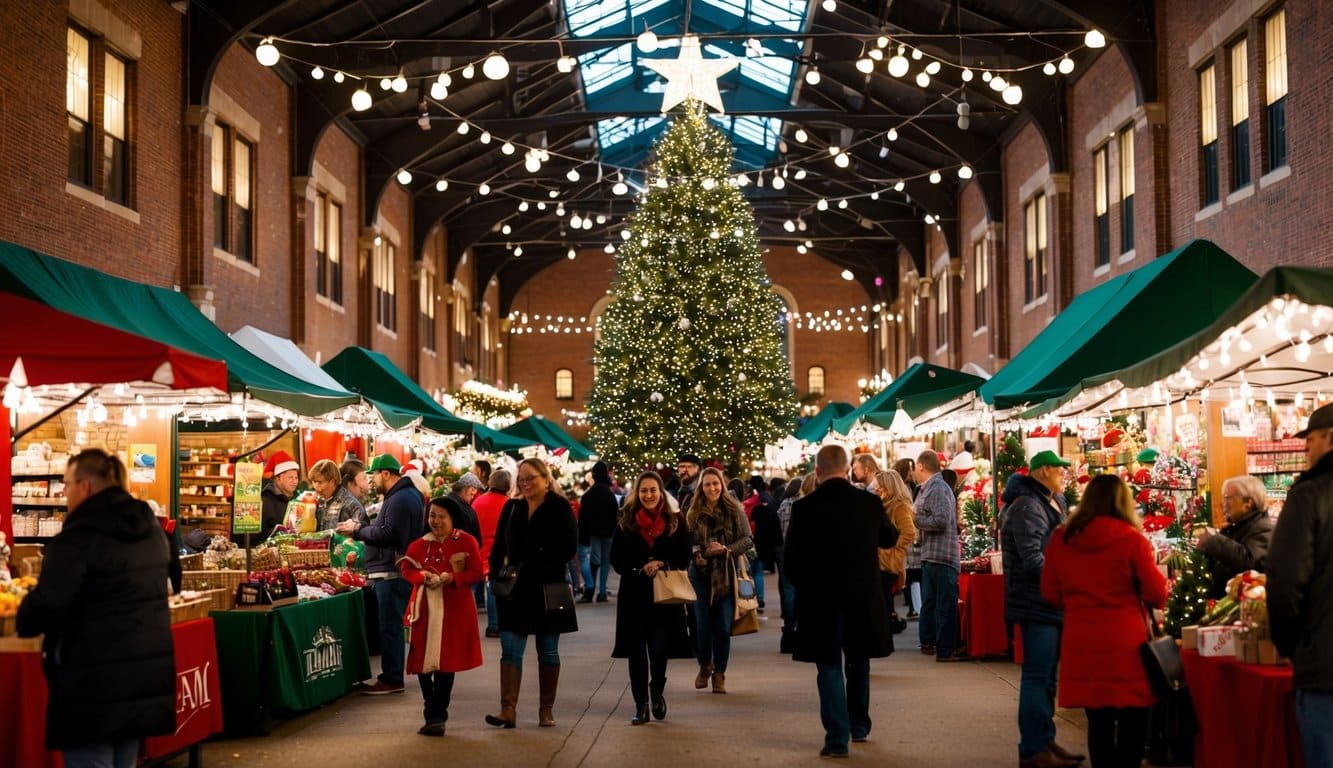 Christmas Markets Texas 2025: Top 50 Festive Destinations 7 A bustling Christmas market at Texas A&M, with vendors selling festive goods under twinkling lights and a large holiday tree as the centerpiece