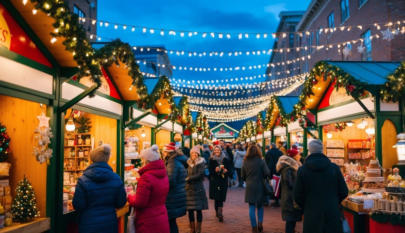 Christmas Markets Massachusetts 2025: Best Festive Events and Holiday Fairs 2 A bustling Christmas market in Massachusetts, filled with colorful stalls, twinkling lights, and festive decorations. Visitors browse through artisan crafts and enjoy seasonal treats