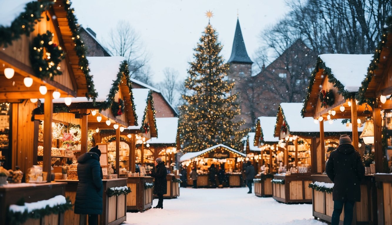 Christmas Markets Massachusetts 2025: Best Festive Events and Holiday Fairs 5 A festive Christmas market with quaint wooden stalls, twinkling lights, and a large decorated tree in the center. Snow gently falls, creating a cozy and magical atmosphere