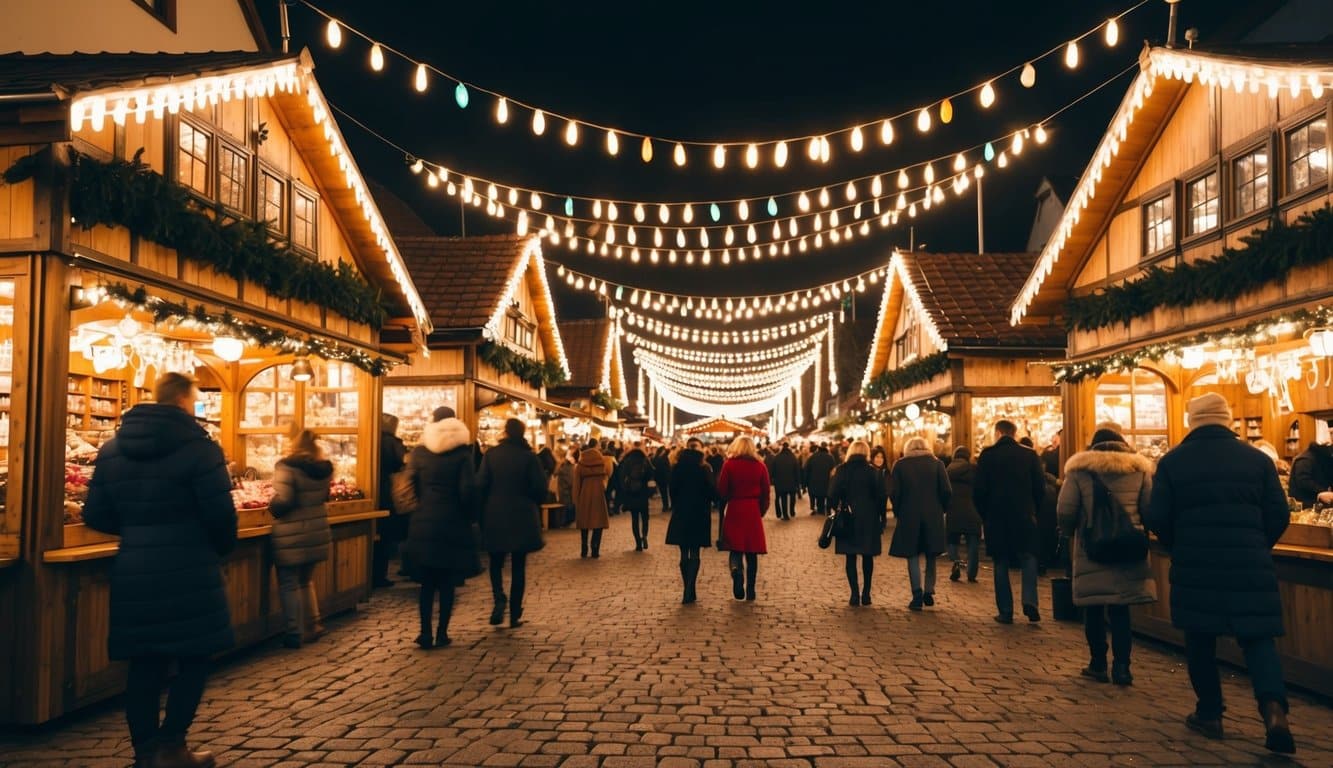 Christmas Markets Massachusetts 2025: Best Festive Events and Holiday Fairs 6 A bustling German Christmas market with traditional wooden stalls, twinkling lights, and festive decorations