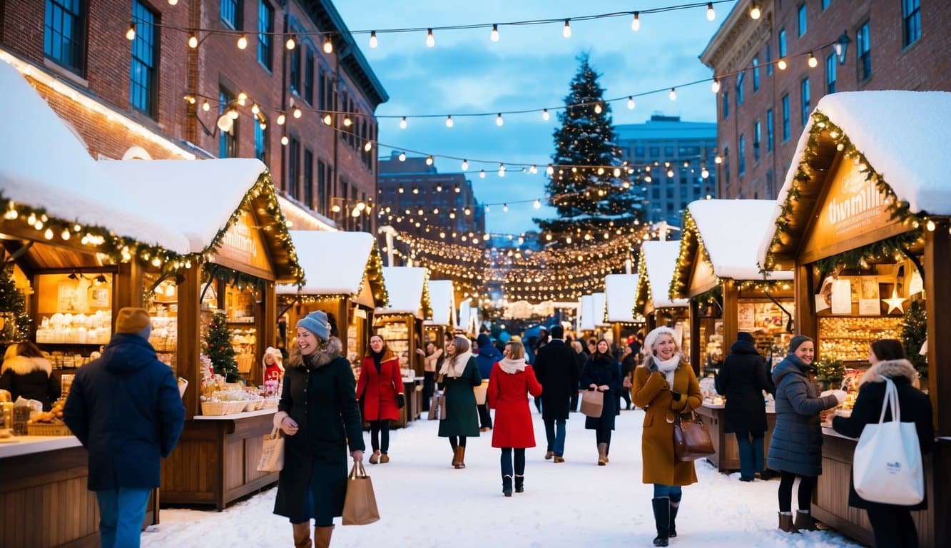 Christmas Markets Massachusetts 2025: Best Festive Events and Holiday Fairs 8 A festive holiday market in Massachusetts with twinkling lights, snow-covered stalls, and bustling shoppers enjoying the Christmas spirit