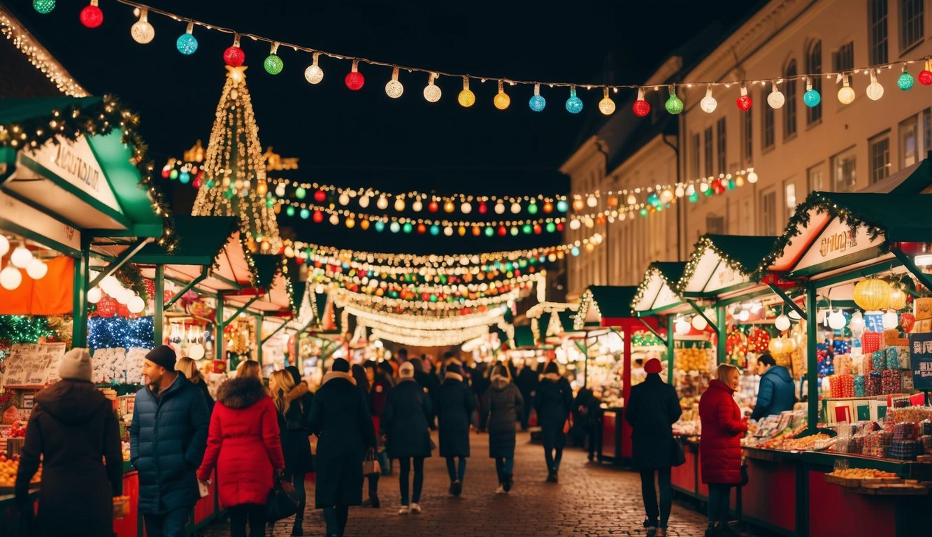 Christmas Markets Massachusetts 2025: Best Festive Events and Holiday Fairs 9 A festive array of vendor stalls in a bustling holiday market, adorned with twinkling lights and colorful decorations