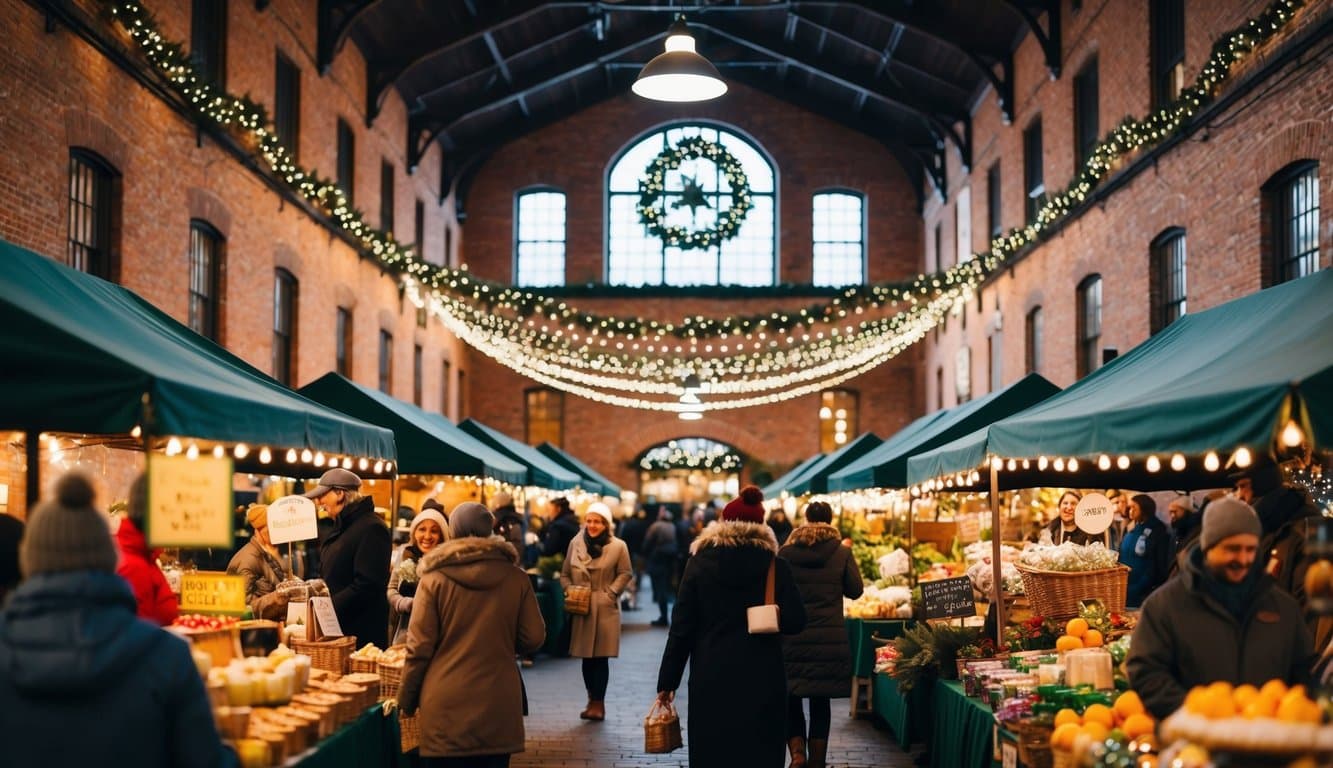 Christmas Markets Massachusetts 2025: Best Festive Events and Holiday Fairs 10 A bustling winter farmers market inside a historic mill, adorned with festive decorations and twinkling lights, with vendors selling seasonal goods and holiday treats
