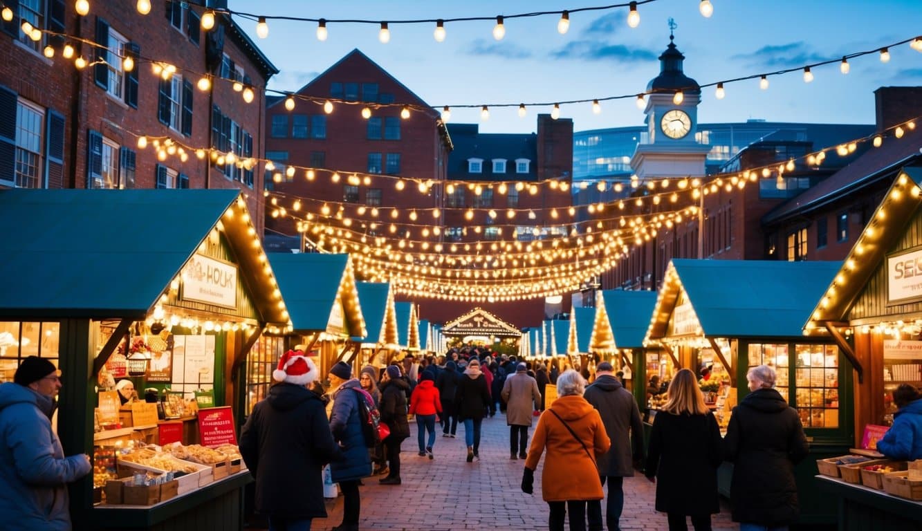 Christmas Markets Massachusetts 2025: Best Festive Events and Holiday Fairs 2 A bustling seaport holiday market in Massachusetts, filled with festive stalls and twinkling lights, with visitors entering at timed intervals