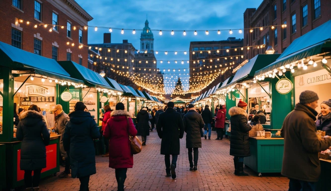 Christmas Markets Massachusetts 2025: Best Festive Events and Holiday Fairs 3 A bustling winter market with festive stalls and twinkling lights in Cambridge, Massachusetts