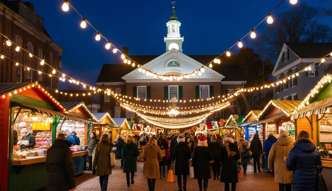 Christmas Markets Massachusetts 2025: Best Festive Events and Holiday Fairs 4 A festive holiday market in Salem, Massachusetts, with twinkling lights, colorful stalls, and bustling shoppers in 2025