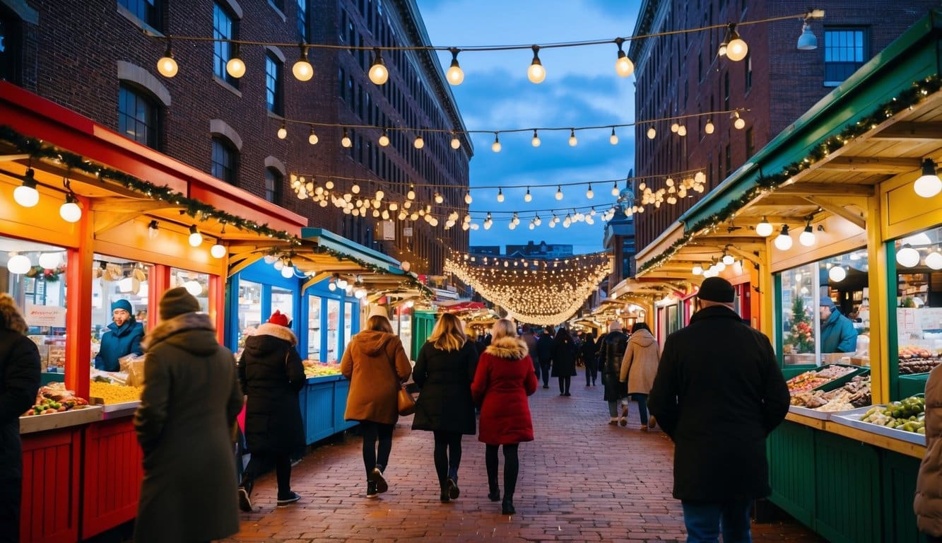 Christmas Markets Massachusetts 2025: Best Festive Events and Holiday Fairs 7 A festive holiday market with colorful stalls and twinkling lights in North End, Massachusetts