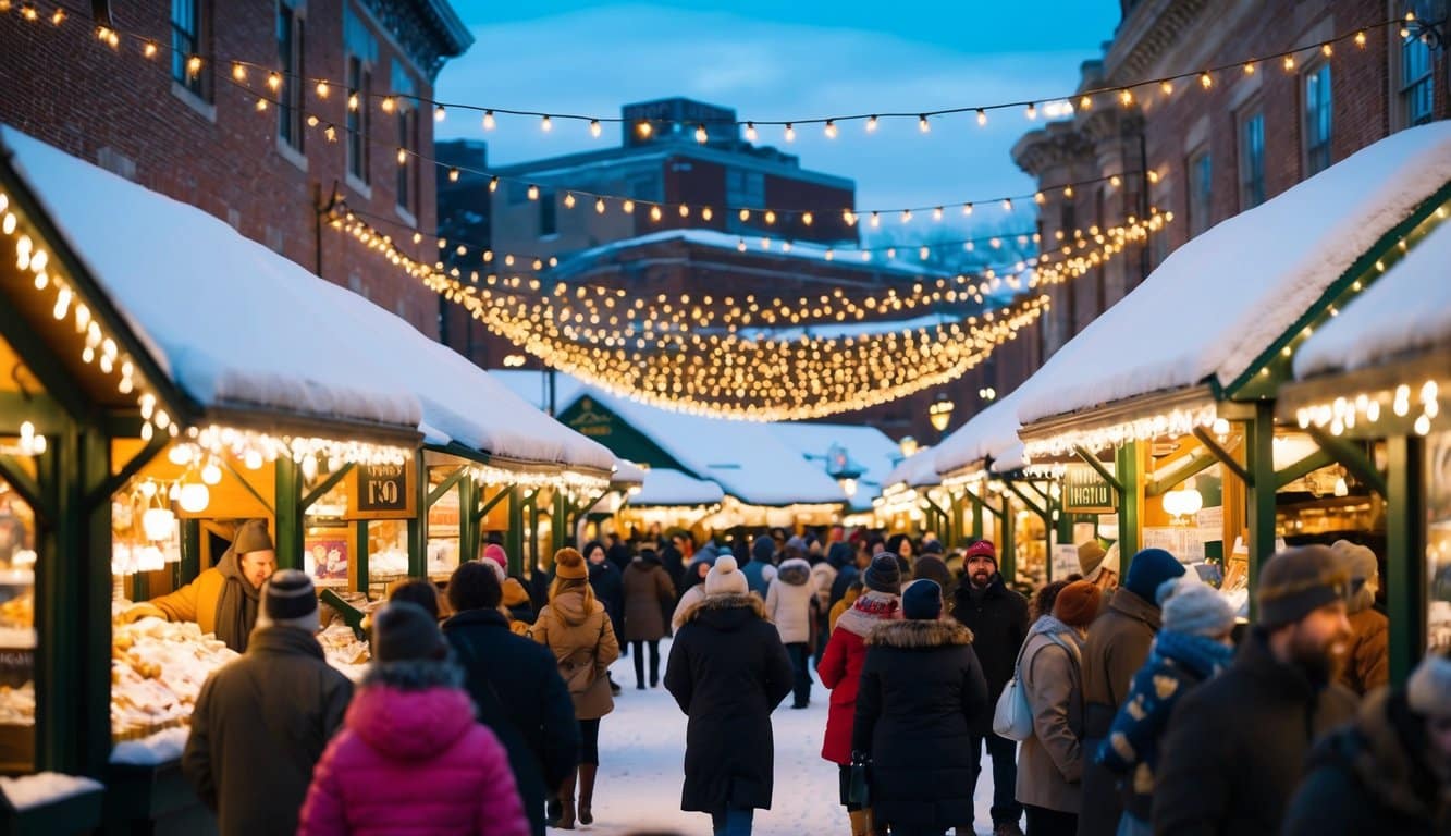 Christmas Markets Massachusetts 2025: Best Festive Events and Holiday Fairs 8 A festive winter market with twinkling lights, snow-covered stalls, and bustling crowds in Worcester, Massachusetts