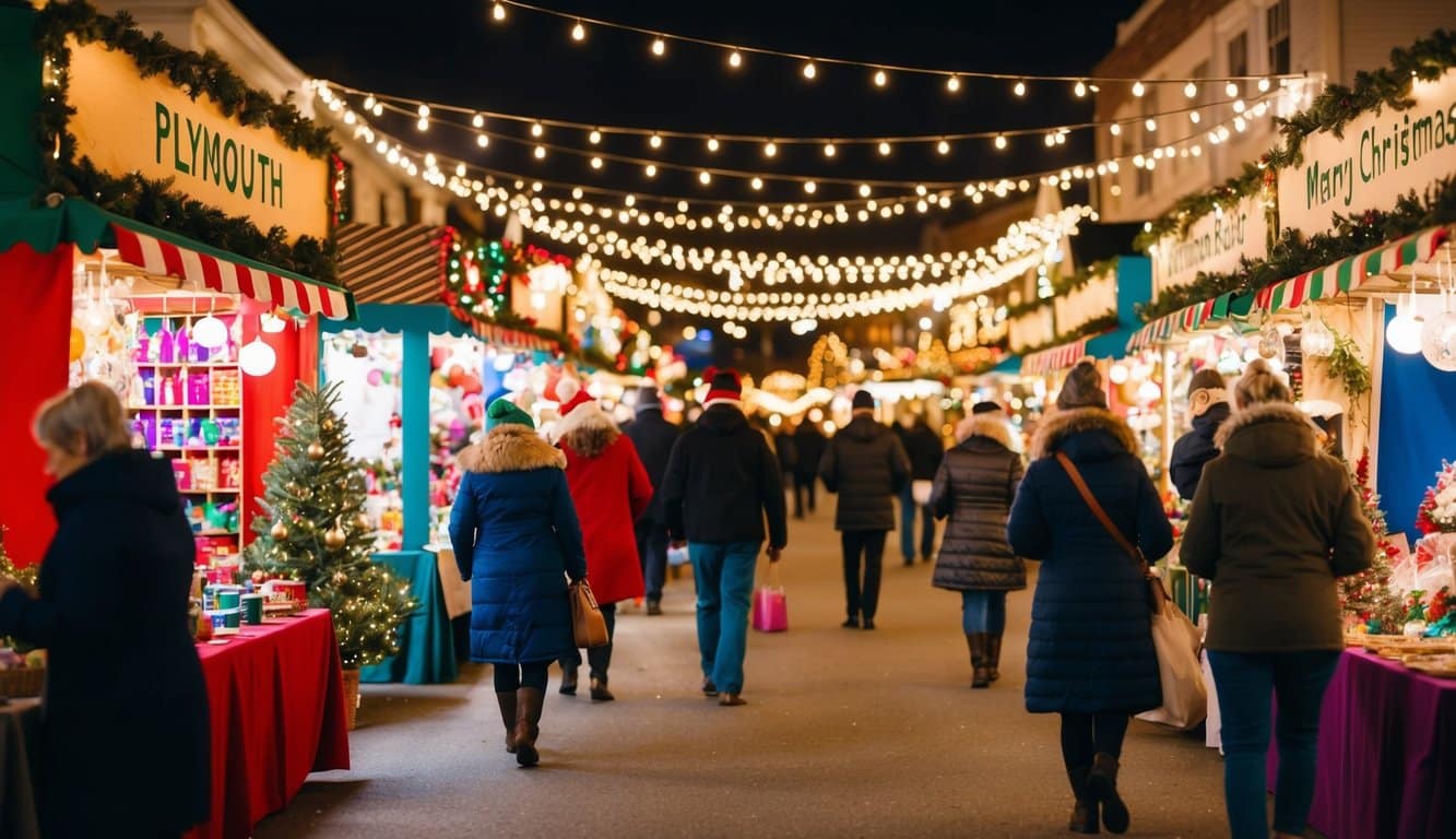 Christmas Markets Massachusetts 2025: Best Festive Events and Holiday Fairs 11 A bustling Christmas craft fair in Plymouth, Massachusetts, with colorful stalls, twinkling lights, and festive decorations in 2025