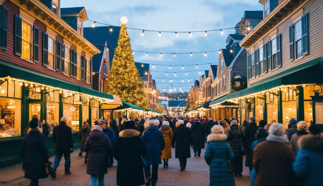 Christmas Markets Massachusetts 2025: Best Festive Events and Holiday Fairs 2 A festive holiday market with twinkling lights, Victorian storefronts, and bustling crowds in Newburyport, Massachusetts