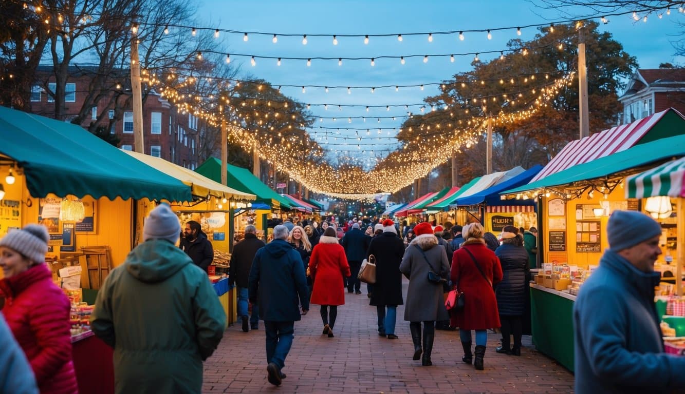 Christmas Markets Massachusetts 2025: Best Festive Events and Holiday Fairs 3 A festive holiday market with twinkling lights, colorful stalls, and a bustling crowd in Harwich, Massachusetts
