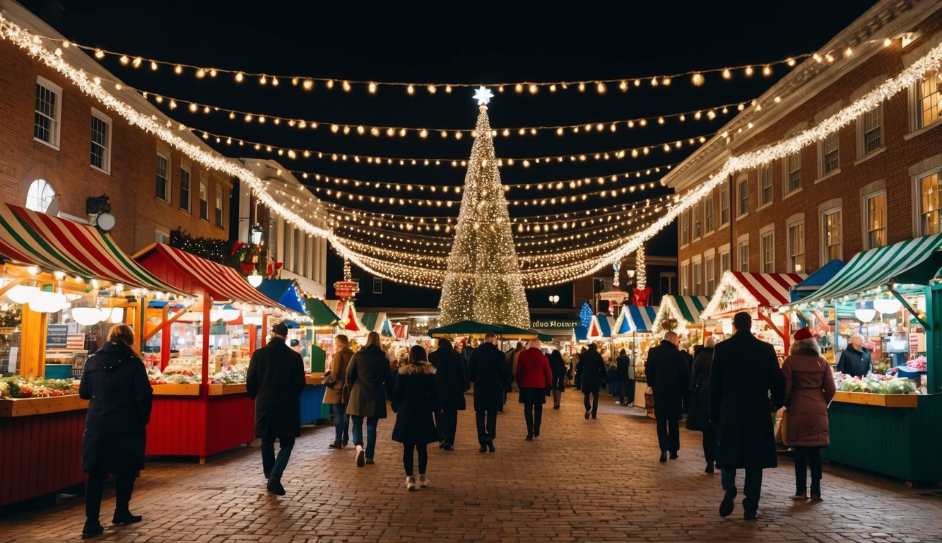 Christmas Markets Massachusetts 2025: Best Festive Events and Holiday Fairs 4 A bustling holiday market with colorful stalls, twinkling lights, and festive decorations fills the town square of Hingham, Massachusetts in 2025