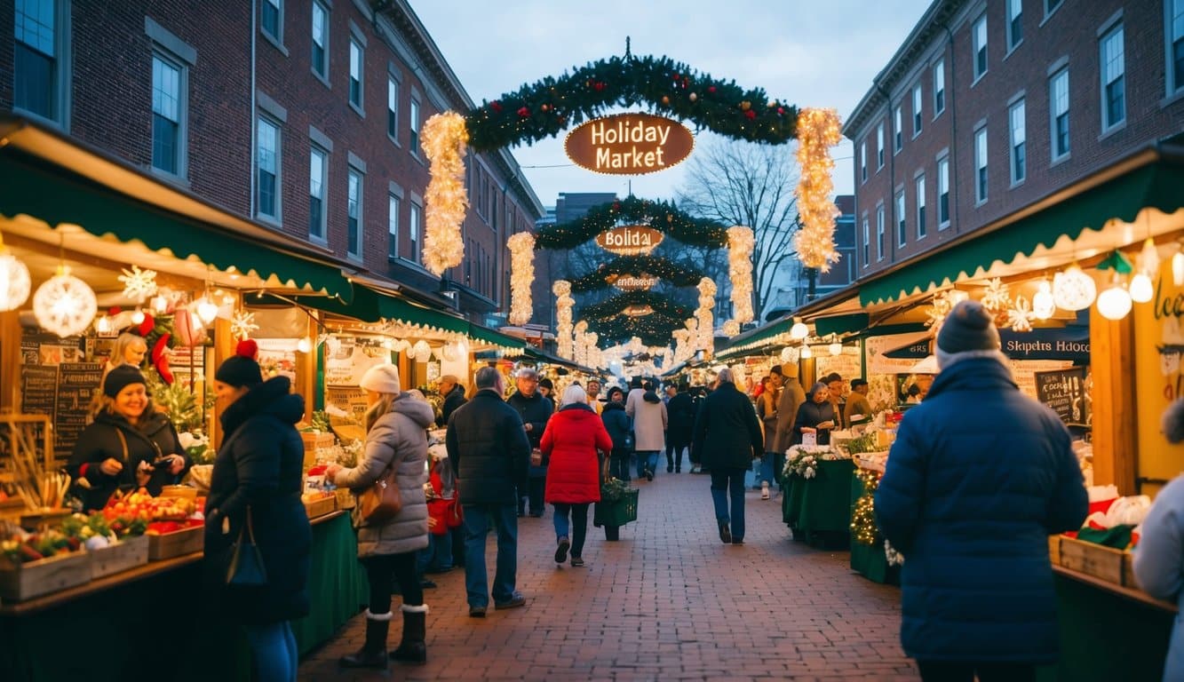 Christmas Markets Massachusetts 2025: Best Festive Events and Holiday Fairs 5 A bustling holiday market in New Bedford, Massachusetts, with festive decorations and vendors selling seasonal goods in 2025