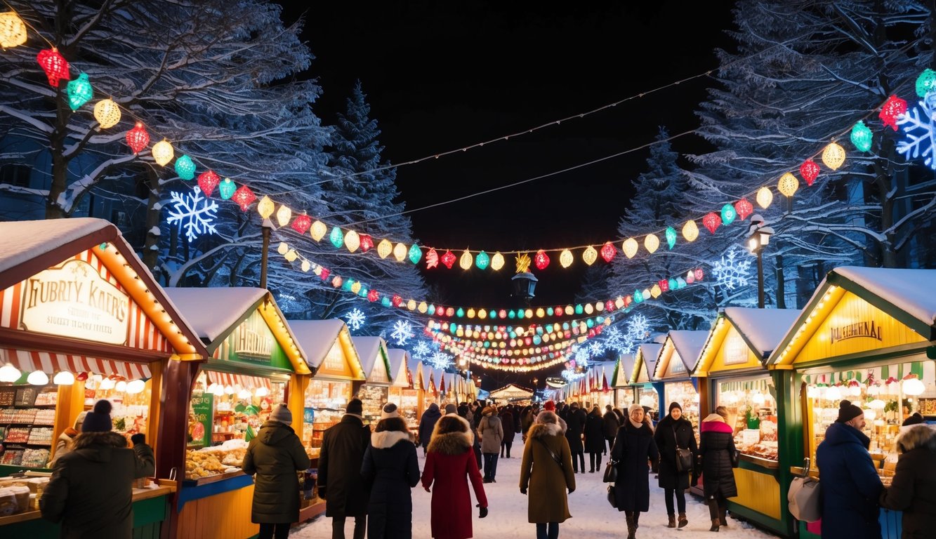 Christmas Markets Massachusetts 2025: Best Festive Events and Holiday Fairs 6 A bustling holiday market with colorful stalls, twinkling lights, and festive decorations, surrounded by snow-covered trees and cheerful shoppers