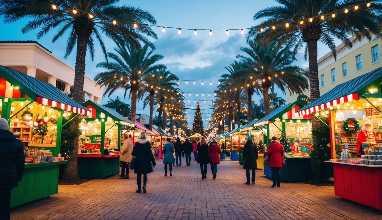 Christmas Markets Florida 2025: Festive Holiday Destinations Across the Sunshine State 2 A festive Christmas market in Florida with palm trees, twinkling lights, and colorful stalls selling holiday goods