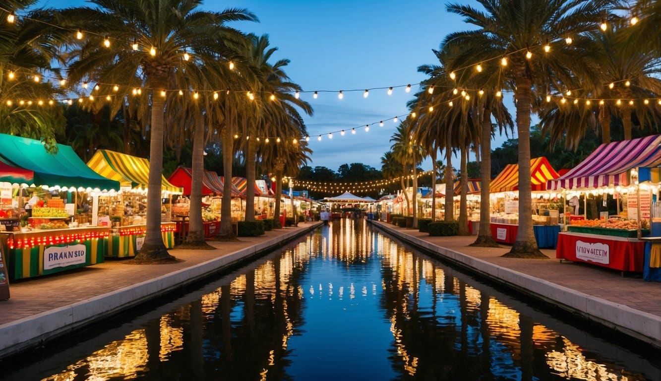 Christmas Markets Florida 2025: Festive Holiday Destinations Across the Sunshine State 3 A festive market with colorful stalls and twinkling lights, surrounded by palm trees and a glistening lake in Lake Worth, Florida