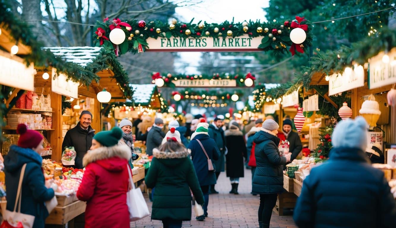 Christmas Markets Florida 2025: Festive Holiday Destinations Across the Sunshine State 6 A bustling Winter Garden Farmers Market adorned with festive Christmas decorations, vendors selling holiday treats and gifts, and visitors enjoying the holiday spirit