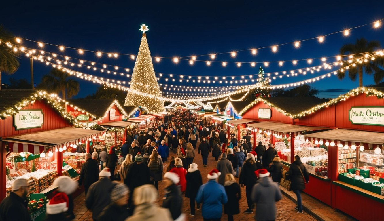 Christmas Markets Florida 2025: Festive Holiday Destinations Across the Sunshine State 7 A bustling Christmas market in Orlando, Florida, with millions of twinkling lights illuminating the night sky and festive stalls selling holiday goods