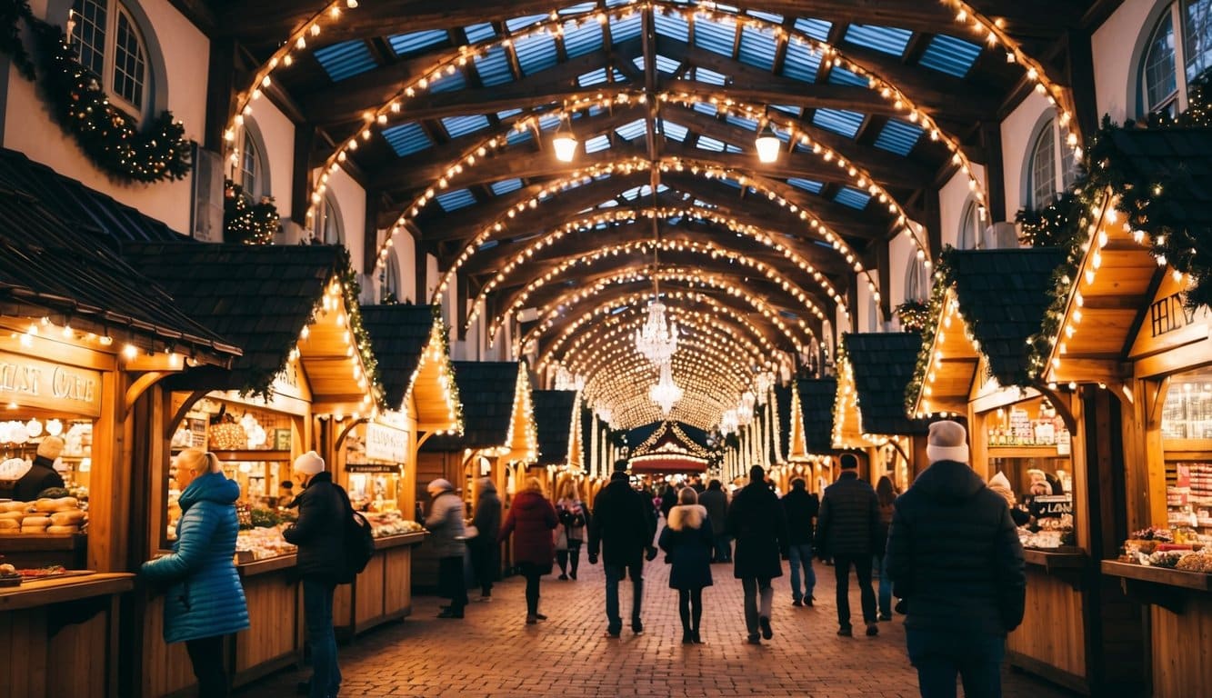Christmas Markets Florida 2025: Festive Holiday Destinations Across the Sunshine State 8 A bustling German Christmas market in Tampa, Florida, with traditional wooden stalls, twinkling lights, and festive decorations