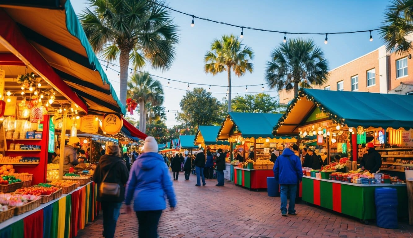 Christmas Markets Florida 2025: Festive Holiday Destinations Across the Sunshine State 10 A bustling holiday market with colorful stalls, twinkling lights, and festive decorations, set against the backdrop of a sunny Florida day