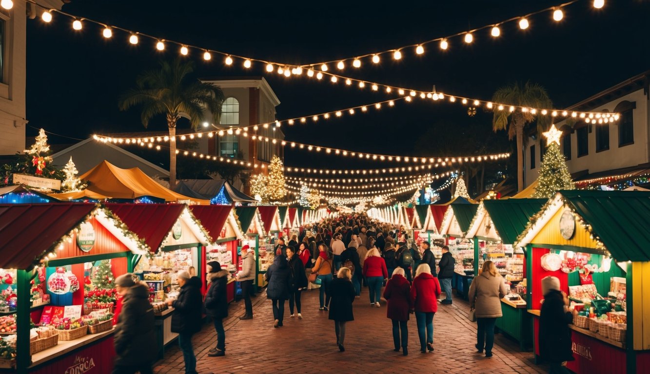Christmas Markets Florida 2025: Festive Holiday Destinations Across the Sunshine State 11 A bustling Christmas market in downtown Sarasota, Florida, filled with colorful stalls, twinkling lights, and festive decorations