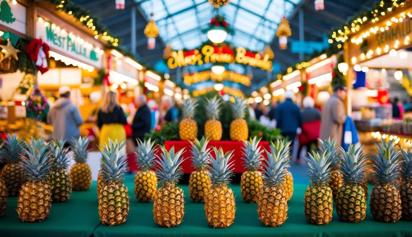 Christmas Markets Florida 2025: Festive Holiday Destinations Across the Sunshine State 2 A bustling Christmas market filled with vibrant pineapple-themed decorations and festive holiday stalls in West Palm Beach, Florida
