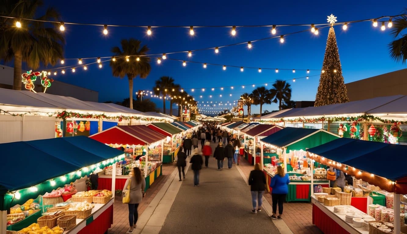 Christmas Markets Florida 2025: Festive Holiday Destinations Across the Sunshine State 6 A bustling holiday market in Fort Lauderdale, Florida, with colorful stalls, twinkling lights, and festive decorations in 2025