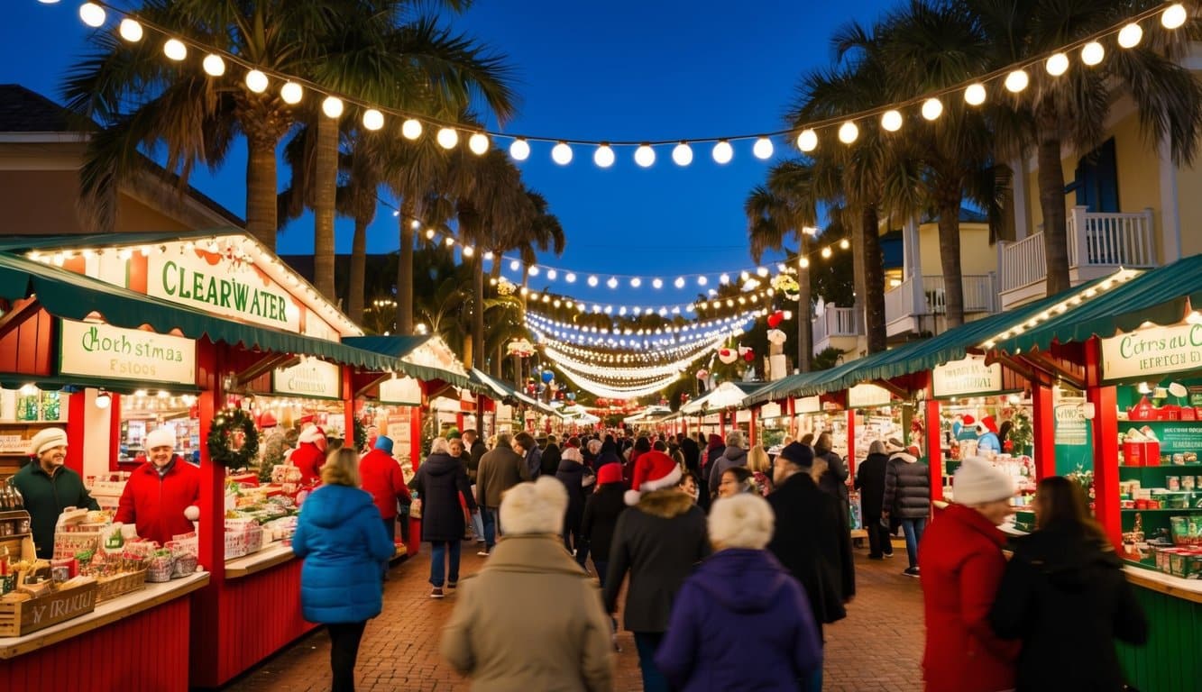 Christmas Markets Florida 2025: Festive Holiday Destinations Across the Sunshine State 7 A bustling Christmas market in Clearwater, Florida, with festive stalls, twinkling lights, and merry crowds