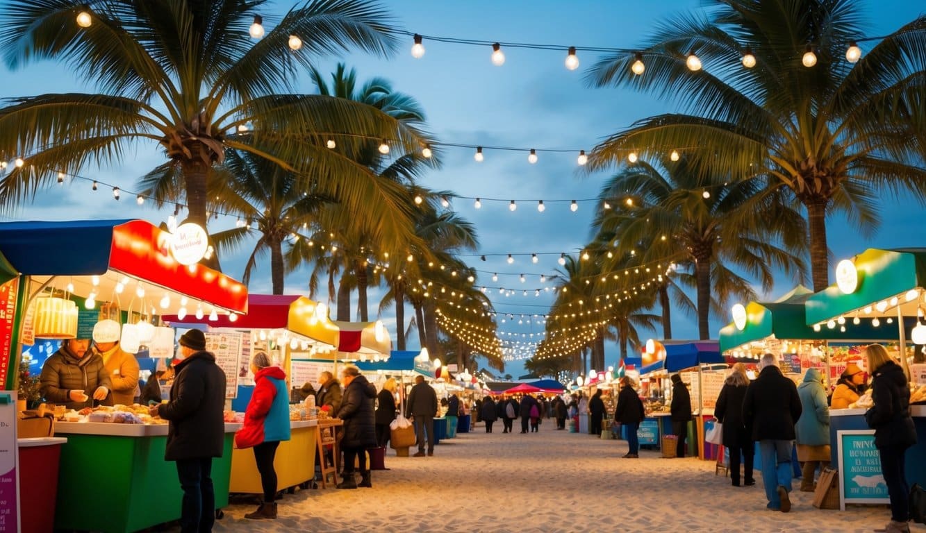Christmas Markets Florida 2025: Festive Holiday Destinations Across the Sunshine State 8 A bustling holiday market with colorful stalls, twinkling lights, and palm trees lining the sandy beachfront