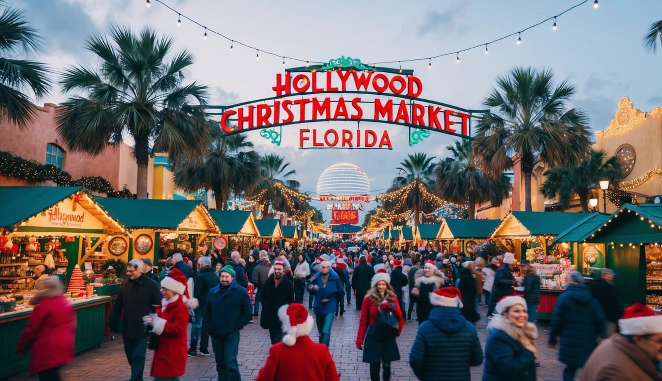 Christmas Markets Florida 2025: Festive Holiday Destinations Across the Sunshine State 11 A bustling Hollywood Christmas market in Florida, 2025, with twinkling lights, festive stalls, and joyful crowds
