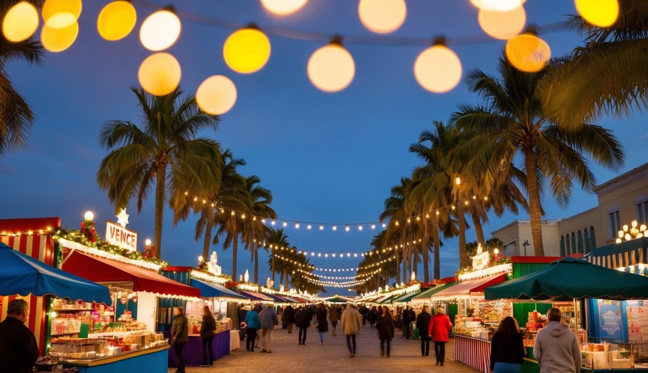 Christmas Markets Florida 2025: Festive Holiday Destinations Across the Sunshine State 2 A festive Christmas market in Venice, Florida, with colorful stalls, twinkling lights, and palm trees lining the seafront