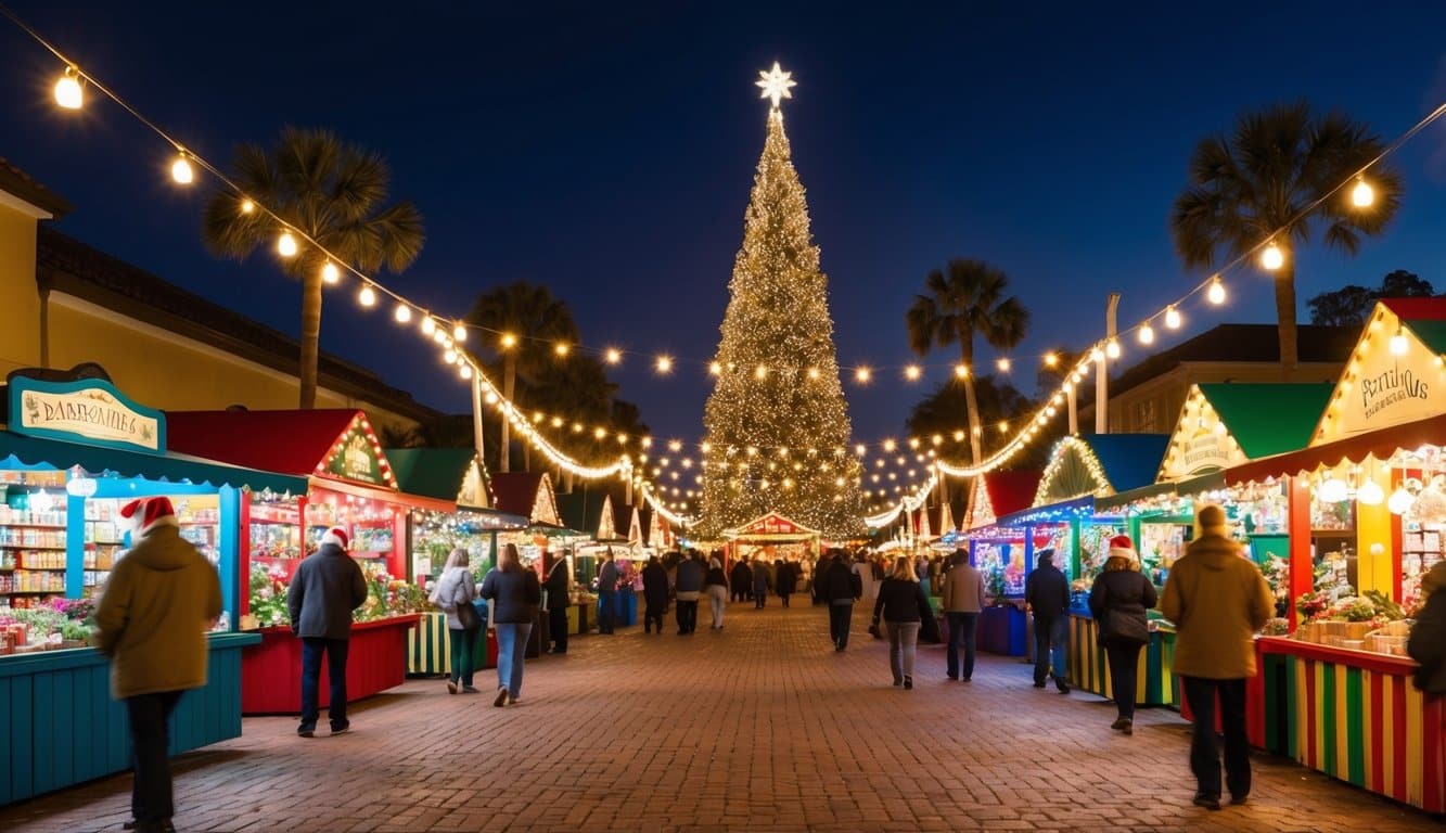 Christmas Markets Florida 2025: Festive Holiday Destinations Across the Sunshine State 4 A festive Christmas market in Sarasota, Florida, with colorful stalls, twinkling lights, and a giant Christmas tree as the centerpiece