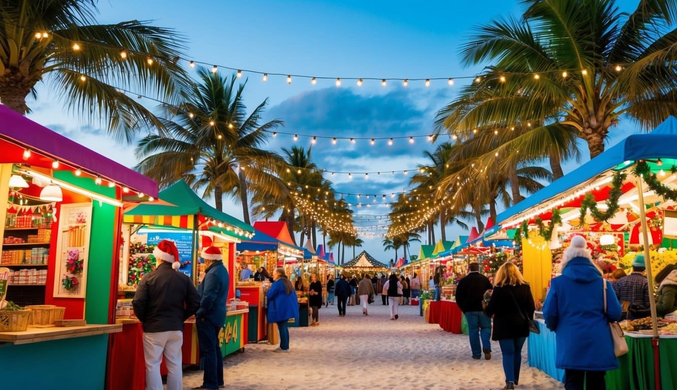 Christmas Markets Florida 2025: Festive Holiday Destinations Across the Sunshine State 1 People walk through a decorated outdoor market lined with colorful stalls, palm trees, and string lights in the early evening.