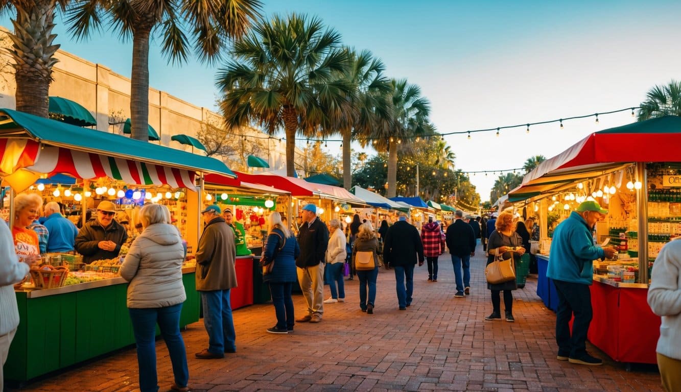 Christmas Markets Florida 2025: Festive Holiday Destinations Across the Sunshine State 7 A bustling holiday market in Ocala, Florida, with colorful stalls and twinkling lights, surrounded by palm trees and warm sunshine