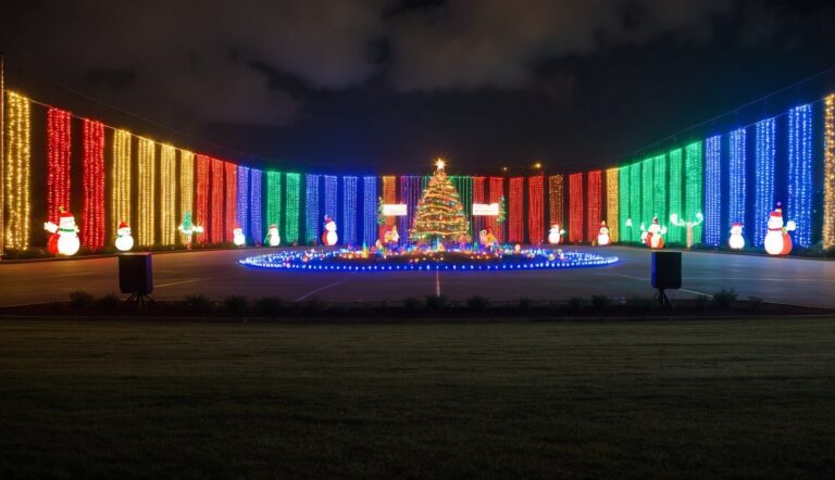 A large outdoor display features a decorated Christmas tree, illuminated snowmen, and colorful vertical light panels arranged in a semicircle at night.