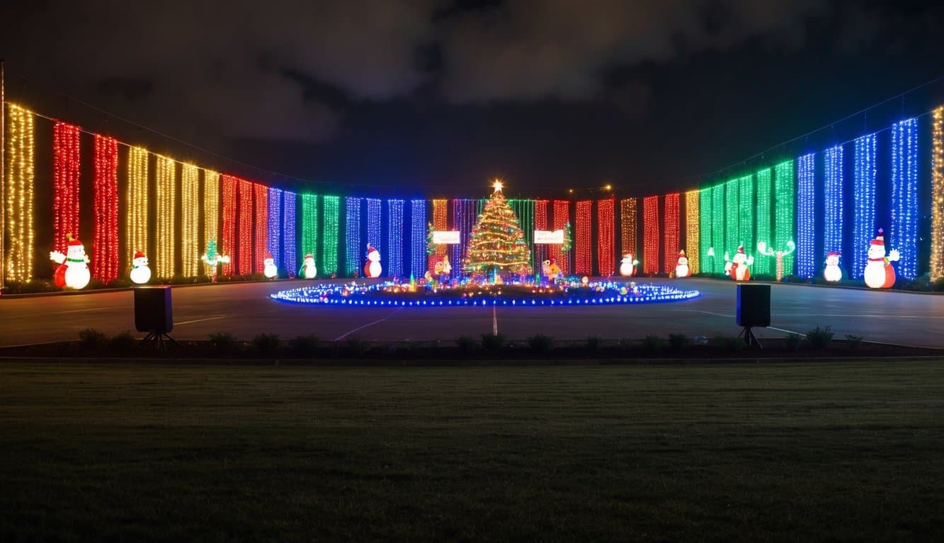 Best Christmas Light Shows in Alabama 2025: Top 10 Dazzling Displays to Visit 1 A large outdoor display features a decorated Christmas tree, illuminated snowmen, and colorful vertical light panels arranged in a semicircle at night.