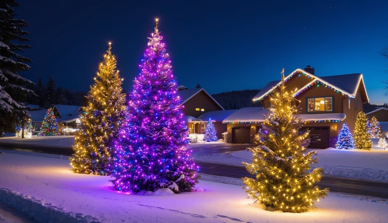 Best Christmas Light Shows in Alaska 2025: Top Dazzling Displays to See 1 Vibrant, twinkling lights adorn snow-covered trees and homes, illuminating the winter night in Alaska. The colorful display creates a festive and enchanting atmosphere