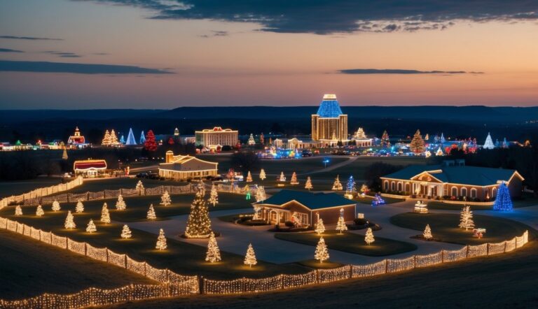 A large property decorated with numerous Christmas lights, illuminated trees, and buildings, set against a dusk sky in a spacious suburban or rural area.