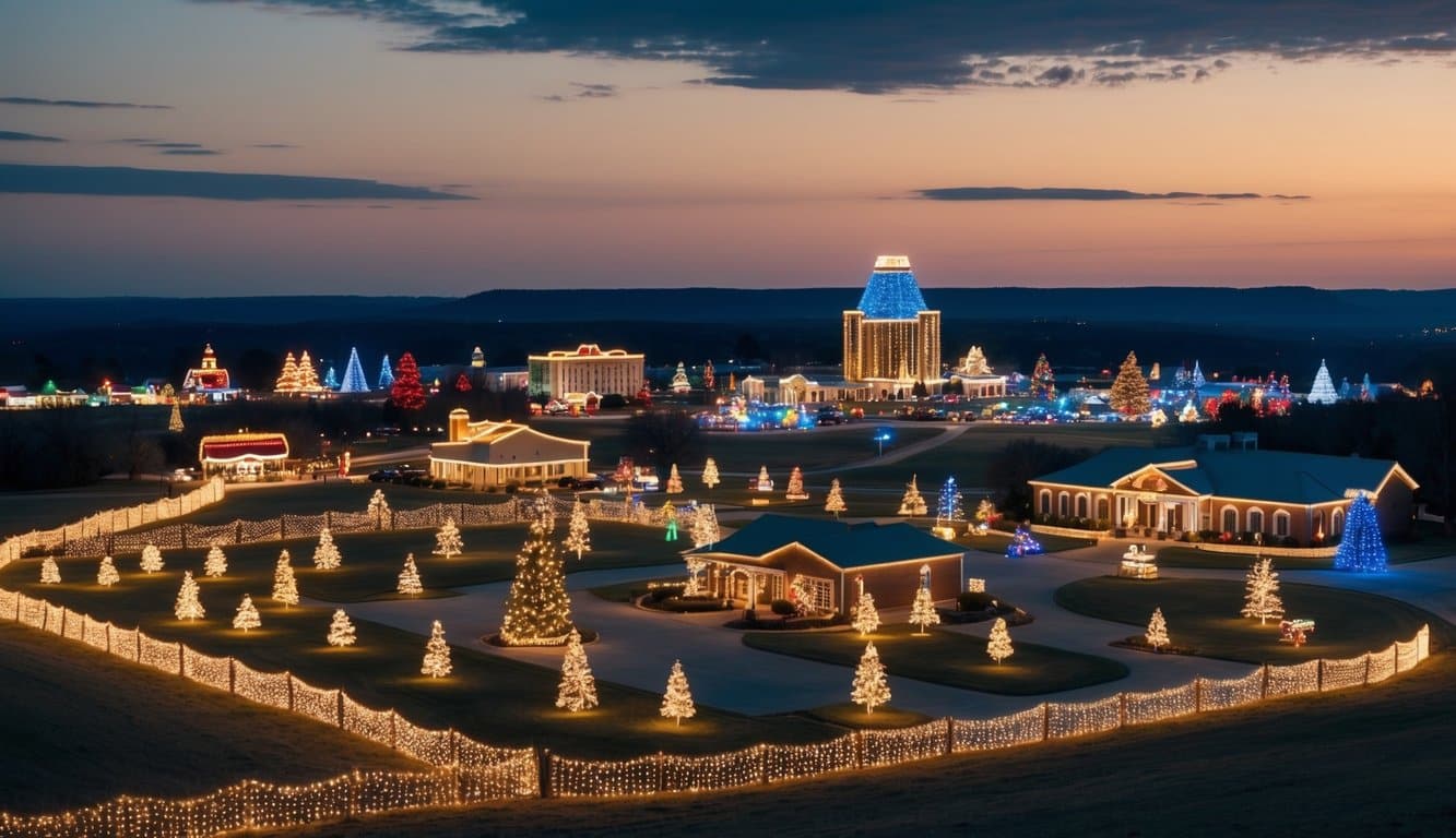 Best Christmas Light Shows Arkansas 2025 Top 10 Must-See Displays 1 A large property decorated with numerous Christmas lights, illuminated trees, and buildings, set against a dusk sky in a spacious suburban or rural area.