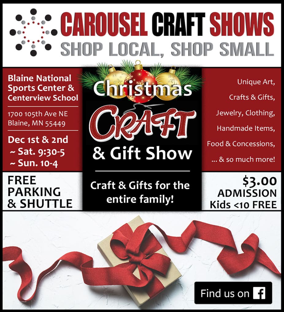 Minnesota’s 50 Best Christmas Markets to Visit in 2025 (You’ll Love #7!) 2 Flyer for the Christmas Craft & Gift Show at Blaine National Sports Center, Dec 1-2, with free parking, $3 admission, and various crafts, gifts, and food vendors.